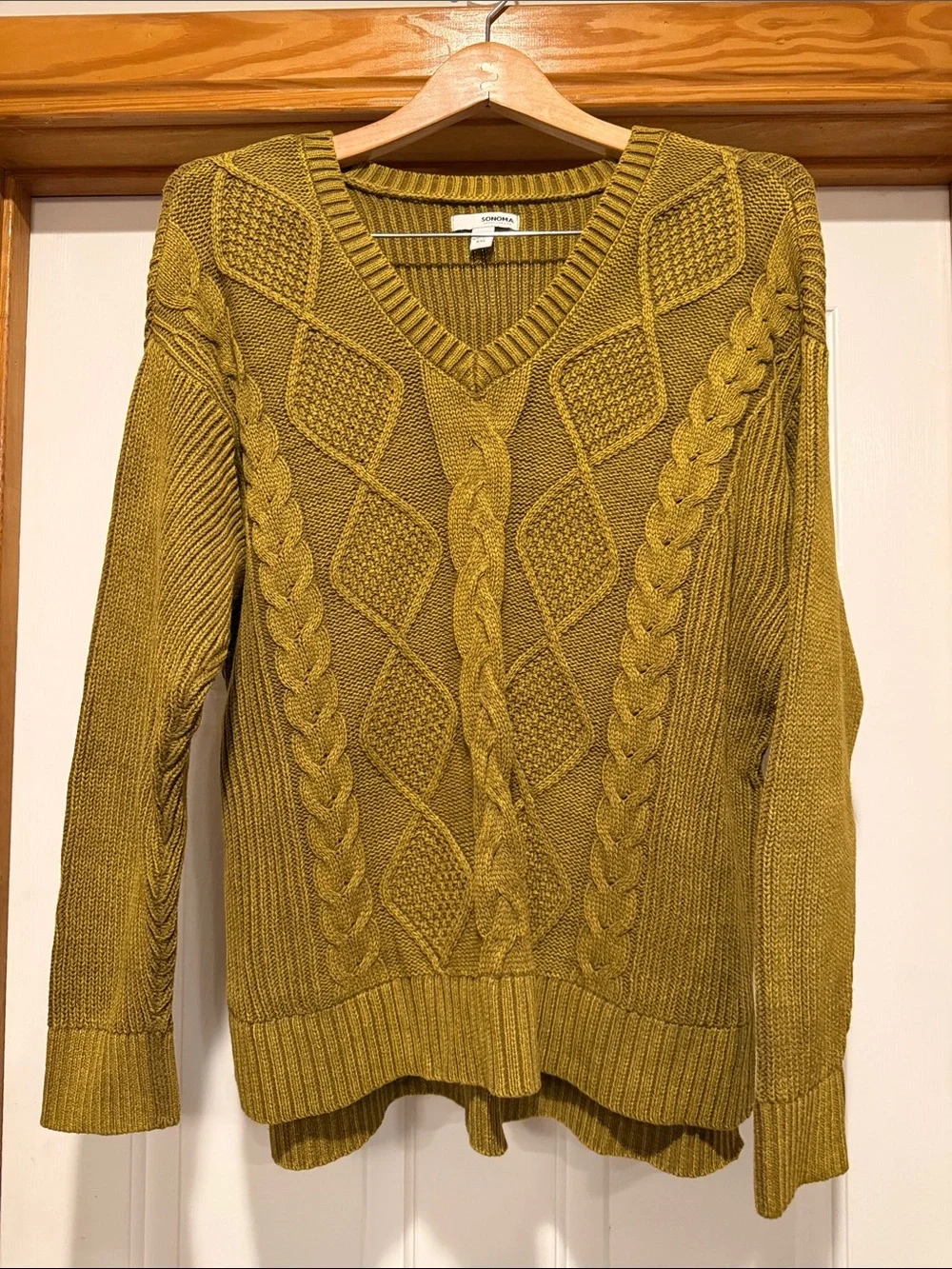 Sonoma V-Neck Cable Knit Sweater in Mustard Yellow